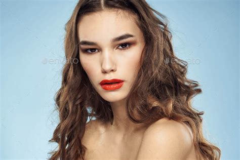 Beautiful Woman Naked Shoulders Hairstyle Care Bright Makeup Blue