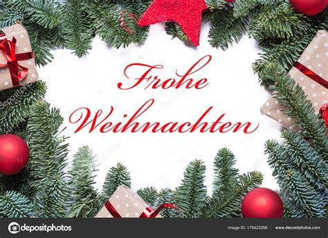 Merry Christmas in German in red on a Christmas background frame Stock ...