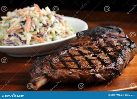 Grilled Porterhouse Steak with a Side of Coleslaw Stock Photo - Image ...