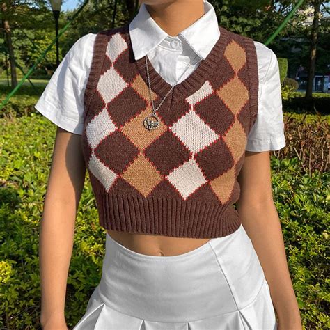 Argyle Knit Casual Sweater Vest 90s Y2k Brown Streetwear In 2021 Vintage Outfits Cute Outfits