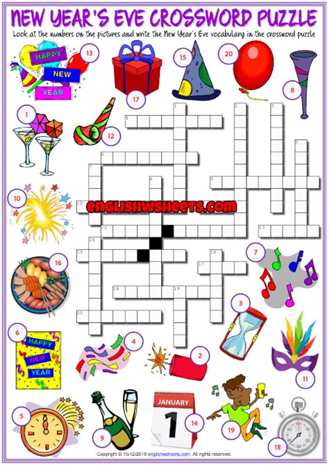 New Years Eve Esl Crossword Puzzle Worksheet For Kids