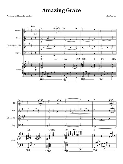 Amazing Grace Woodwind Quartet And Piano With Chord Notation Arr Glauco Fernandes By John