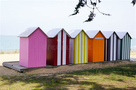 Row Of Colorful Wooden Beach Huts On The Beach In Island Oleron France