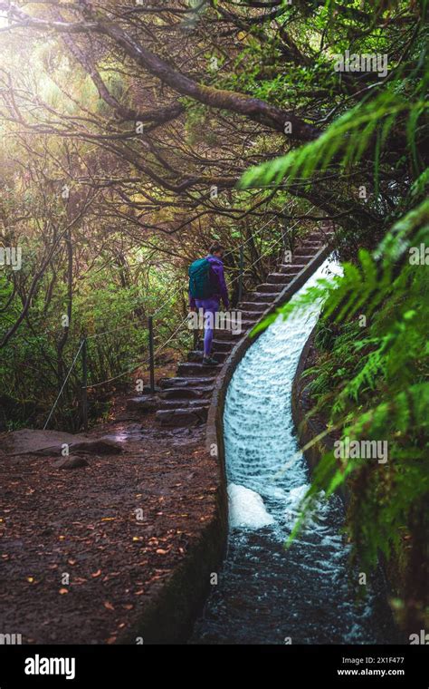 Description Female Tourist With Backpack Walks Up A Stair Path Next To