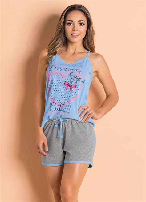 Pijama Curto Com Blusa De Alças Azul Mescla Alma Dolce