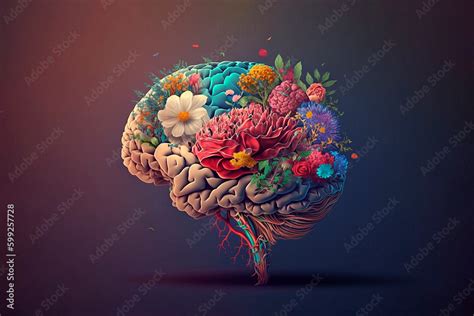 Human Brain Tree With Flowers Self Care And Mental Health Concept