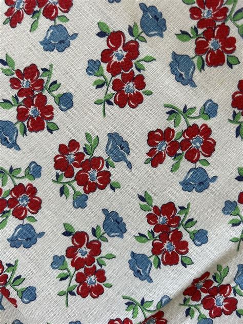 Full Feed Sack Fabric Opened Red Roses Poppies Blue Tulips Unused