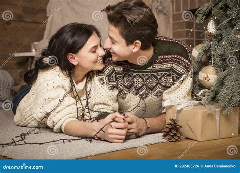 Beautiful Brunette Caucasian Romantic Loving Couple In Cozy Warm