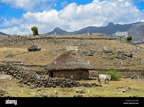 Round Oromo Hut With Thatched Roof In A Mountainous Landscape Of The