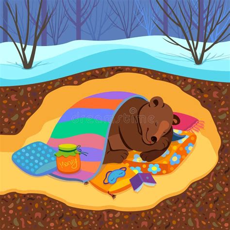 Sleeping Bear Illustration Winter Hibernation Of A Bear In A Cozy Den