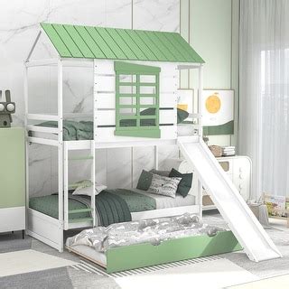 House Bunk Beds with Slide, Wood Twin Over Twin Bunk Beds with Trundle ...