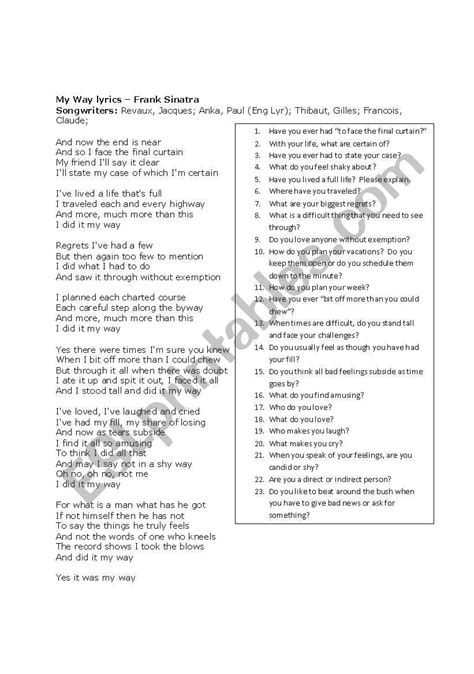 My Way - Frank Sinatra Lyrics and Conversation Questions - ESL worksheet by kniffy83