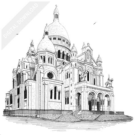 Stock art drawing of the La Basilique du Sacré Cœur de Montmartre Paris