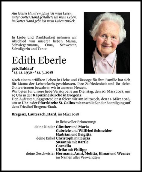 Todesanzeigen Von Edith Eberle Todesanzeigen Vorarlberger Nachrichten