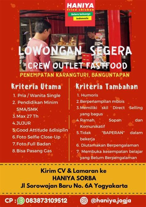 Lowongan Kerja Crew Outlet Di Haniya Fried Chicken Lokerjogja Id