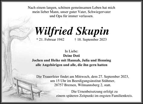 Traueranzeigen Von Wilfried Skupin Trauer Gedenken