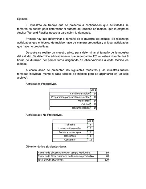 Ejemplo Muestreo De Trabajo Ejemplo El Muestreo De Trabajo Que Se Presenta A Continuación Que