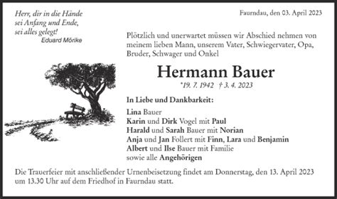 Traueranzeigen Von Hermann Bauer Südwest Presse Trauer