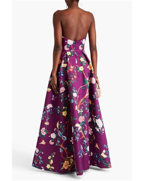 Marchesa Strapless Embellished Floral Print Satin Gown In Purple Lyst