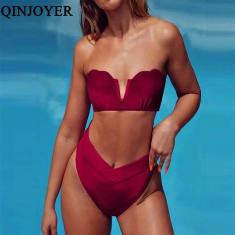 Qinjoyer Sexy Bandeau Swimsuit Tanga Bikini Set Mujeres Alta Cintura