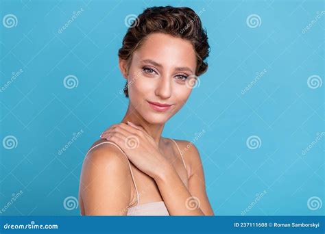 Photo Of Shiny Sweet Young Woman Dressed Beige Top Arm Hand Neck