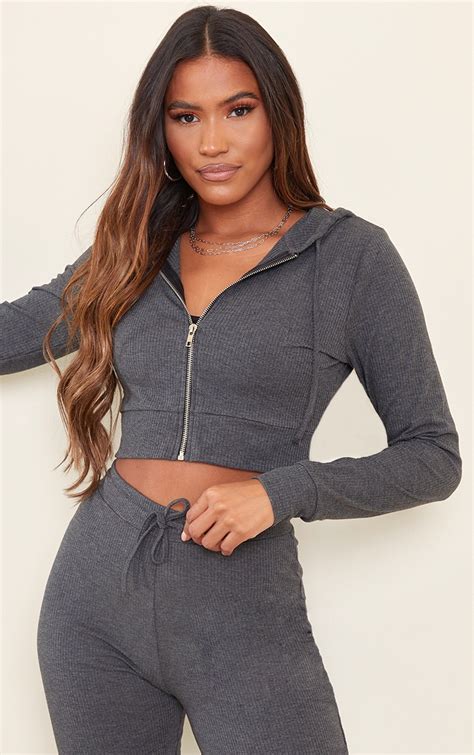 Charcoal Grey Rib Zip Through Cropped Hoodie Prettylittlething Usa