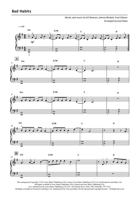 Bad Habits Arr Jos Rotta By Ed Sheeran Sheet Music For Easy Piano