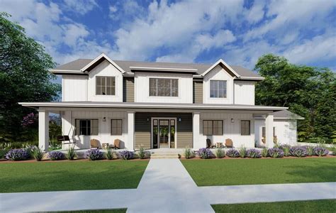 Explore This Striking 4377 Sq Ft Two Story 4 Bedroom Modern Farmhouse With Open Living Area