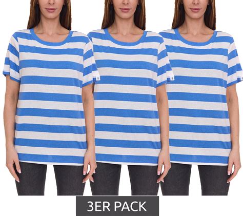 3er Pack DELMAO Damen T Shirt gestreiftes Rundhals Shirt 63058126 Blau Weiß