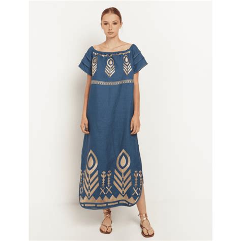 Greek Archaic Kori Long Feather Strapless Dress Indigo Gold In Blue