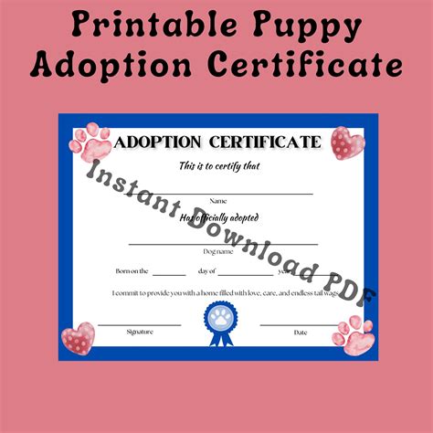 Printable Puppy Adoption Certificate, Instant Download PDF - Etsy