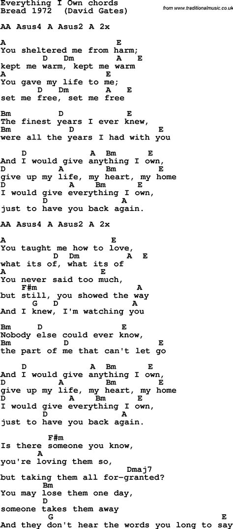 Song lyrics with guitar chords for Everything I Own