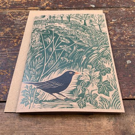 Linocut Print Blackbird Greeting Card Bird Birthday Etsy Uk