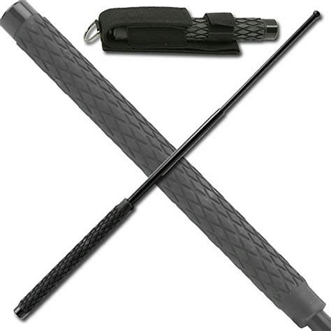 New Black 16 Expandable Police Baton W Nylon Pouch Rubber Grip Belt