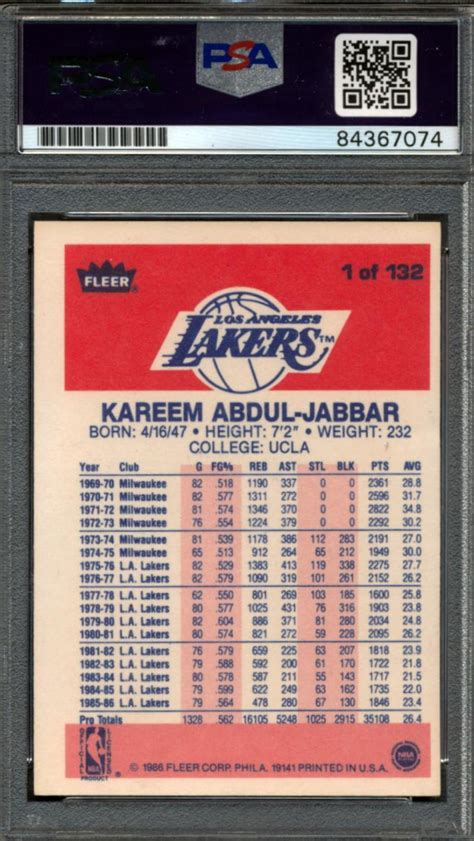 Kareem Abdul Jabbar Signed 1986 87 Fleer 1 PSA Pristine Auction