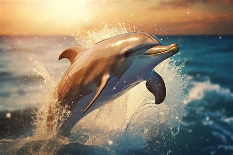 Premium AI Image | Happy striped dolphin jumping outside the sea at sunset