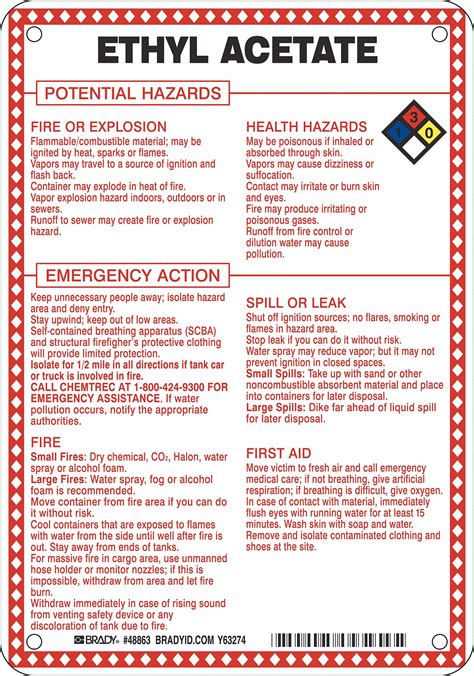 Brady Ethyl Acetate Potential Hazards Fiberglass Chemical Sign