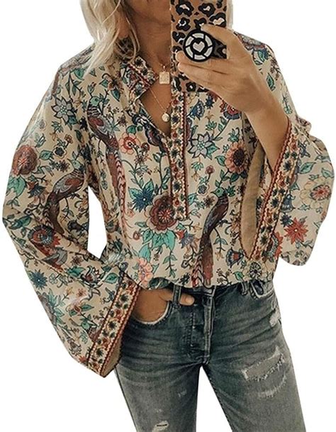 Ericcay Damen Vintage Bohemian Blusen Boho Tunika Hippie Blumen Bluse