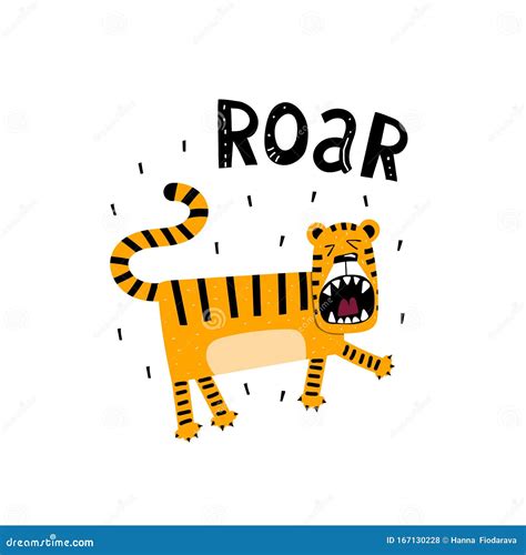 Roar. Cartoon Tiger with Hand Drawing Lettering, Decor Elements ...