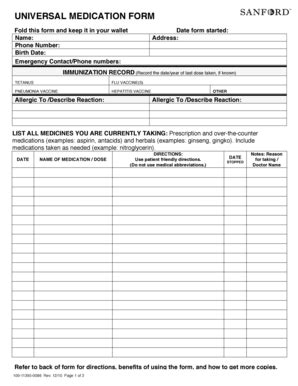 Fillable Online Sanfordhealth UNIVERSAL MEDICATION FORM Patient