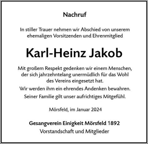 Traueranzeigen Von Karl Heinz Jakob Vrm Trauer De