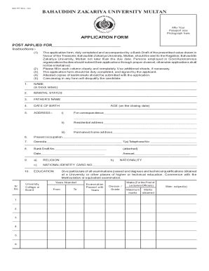 Fillable Online Applicatin Form Ro New Pmd Bahauddin Zakariya