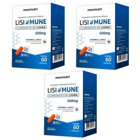 3 Lisimune Cloridrato De Lisina Vitamina C Zinco 500mg 60cps Submarino