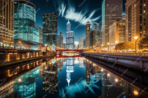 premium photo chicago river reflecting  illuminated skyline  night
