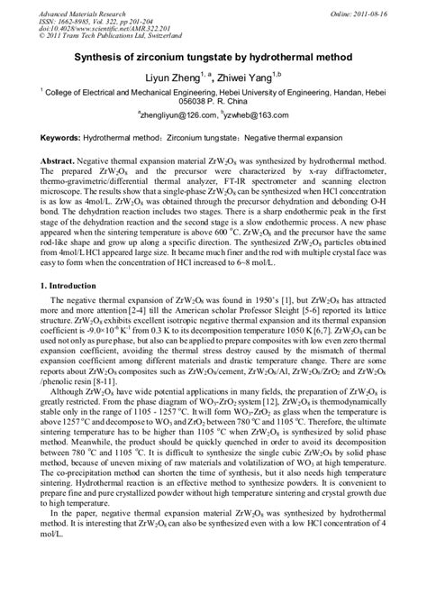 Synthesis Of Zirconium Tungstate By Hydrothermal Method Scientificnet