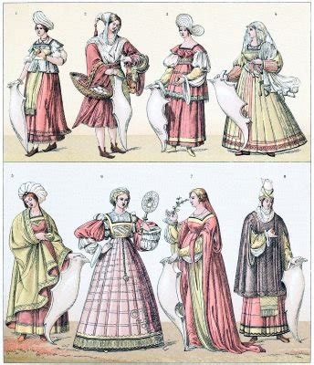 Italy. Female costumes of the early Renaissance. The balzo.