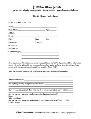 Fillable Online Health History Intake Form Fax Email Print Pdffiller