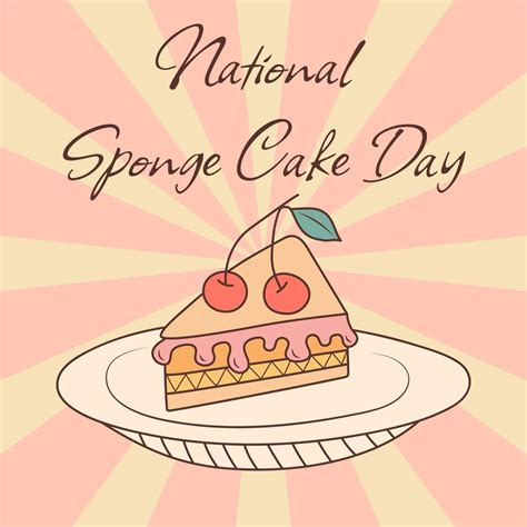 National Sponge Cake Day. Piece of sponge cake with cherry, cream and ...