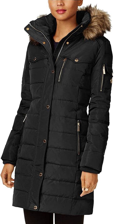 Michael Kors Womens Faux Fur Trim Down Puffer Coat Black L