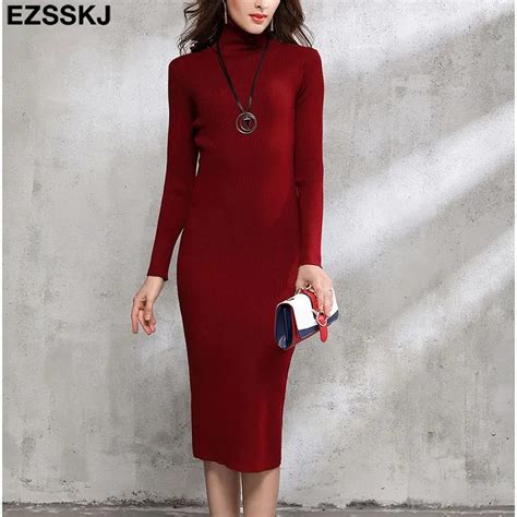 Autumn Winter Women Basic Maxi Sweater Dress Turtleneck Knitted Sexy